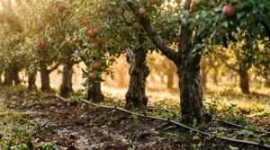 Best Time to Water Crops: Reading Plant Water Stress Instead of Guessing by the Clock 2 Sap-flow sensor on an orchard tree trunk at dawn, used to decide the best time to water crops