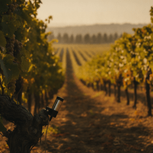 Vineyard canopy at golden hour with a small stem sensor for plant health monitoring
