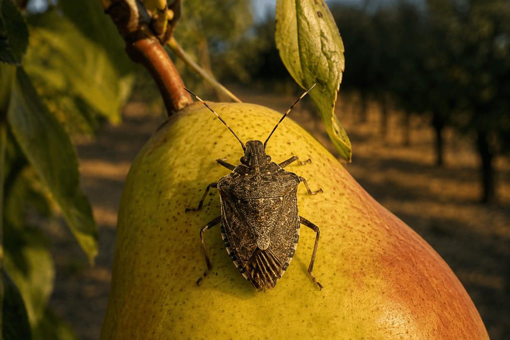 Adult brown marmorated stink bug on a ripening pear, hazelnut orchard in the background