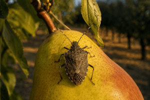 Brown Marmorated Stink Bug: Damage, Defence, Samurai Wasp 3 Adult brown marmorated stink bug on a ripening pear, hazelnut orchard in the background