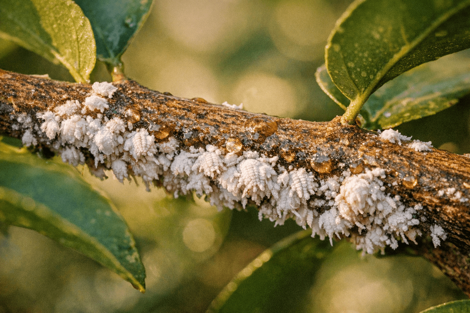 Colonies de cochenille farineuse sous une branche de citronnier, feuilles brillantes d'agrume autour