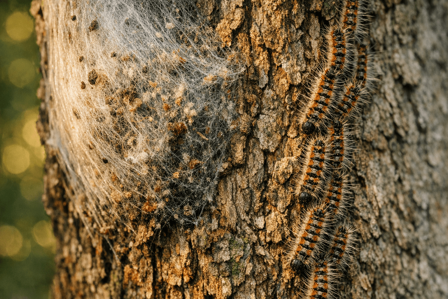 Silk nest of oak processionary caterpillars on the trunk of an old oak, with a procession of caterpillars alongside