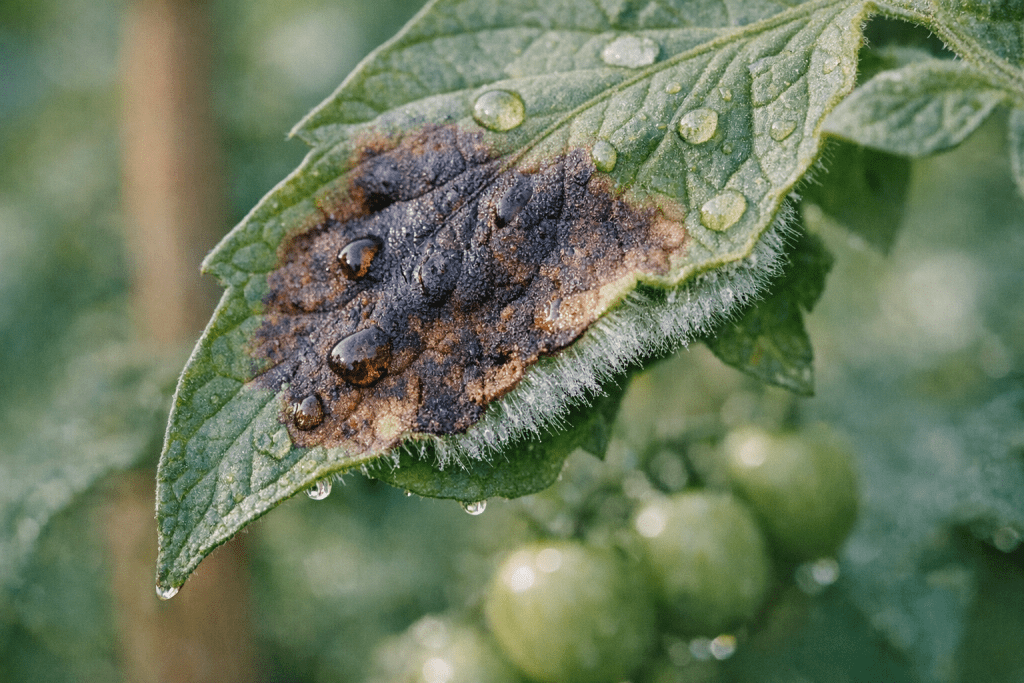Hoja de tomate con manchas pardas de mildiu y polvillo blanco en el envés, plantas de tomate al fondo