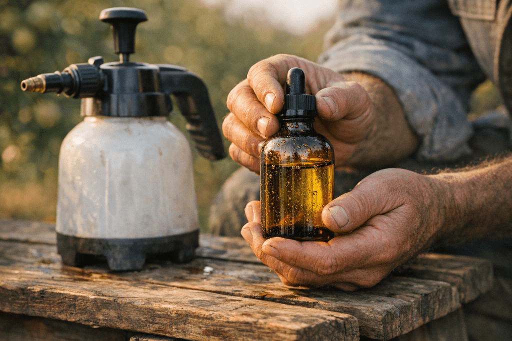 Die Hände eines Landwirts mit einer Flasche Neemöl und einer Handspritze auf einer Holzbank im sonnigen Obstgarten