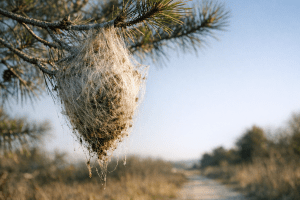 Chenille processionnaire : le vrai risque et quoi faire 3 Nid de soie de chenilles processionnaires du pin accroché à une branche, sur un ciel d'hiver dégagé