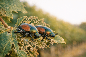 Escarabajo japonés: dónde ha llegado y qué hacer 3 Dos escarabajos japoneses verde metálico y cobre sobre una hoja de vid esqueletizada, con un viñedo desenfocado al fondo