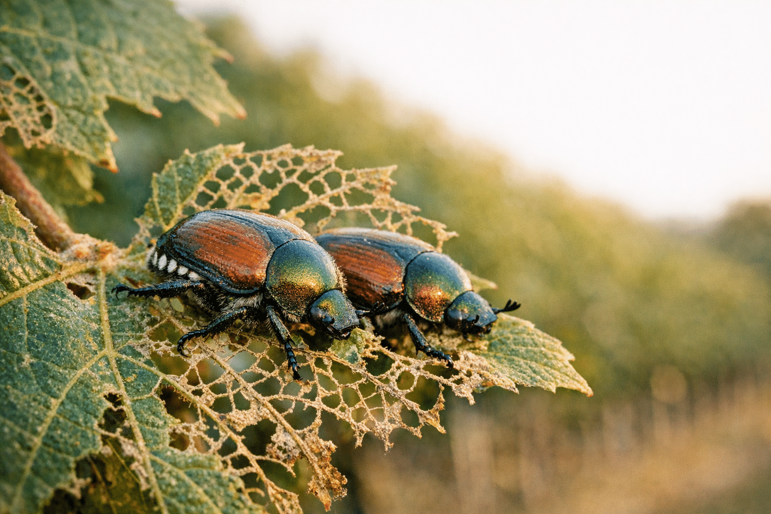 Two metallic green and copper Japanese beetles on a skeletonized grape leaf, with a vineyard blurred in the background