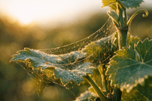 Araña roja: la de las paredes y la de las plantas 2 Tela fina de araña roja entre las hojas de un brote de vid a contraluz, con diminutos ácaros rojos apenas visibles