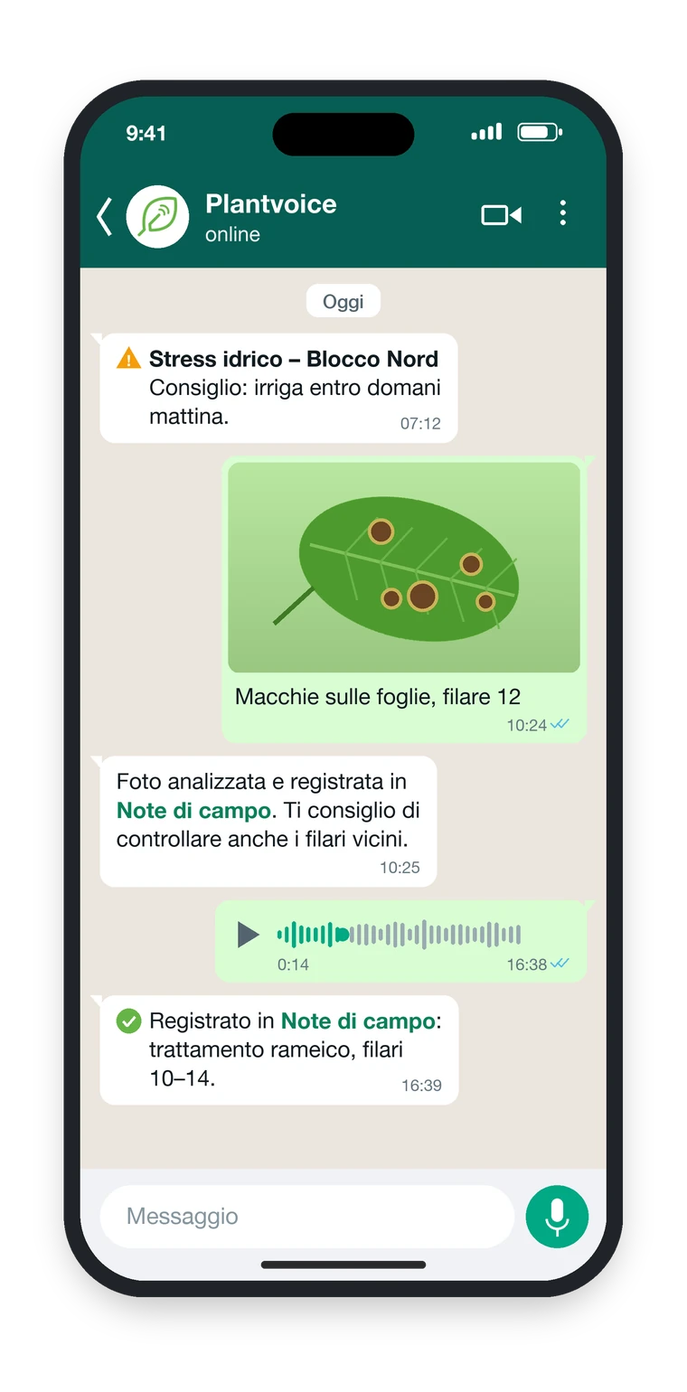 Conversazione WhatsApp con Plantvoice: alert, foto, vocale e registrazione in Note di campo